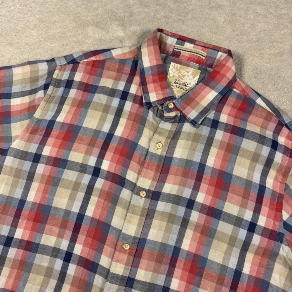 Tasso Elba Shirt Mens Large Red Blue Plaid Island Short Sleeve‎ Cotton Button Up